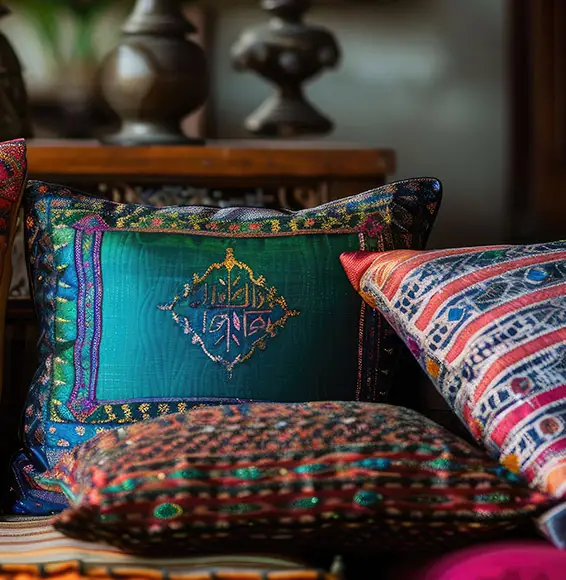 Prächtig gefärbte orientalische Kissen liegen in einem Wohnzimmer