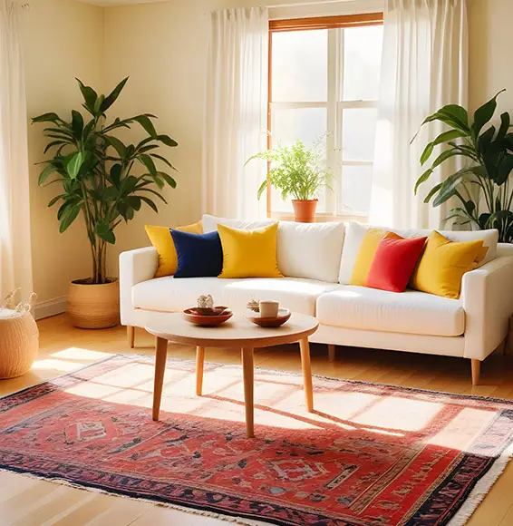 D-Lux Möbel – Textilien und Stoffe Weiße Couch mit bunten Kissen und einem roten Orientteppich steht vor einem lichten Fenster mit Pflanzen und Couchtisch