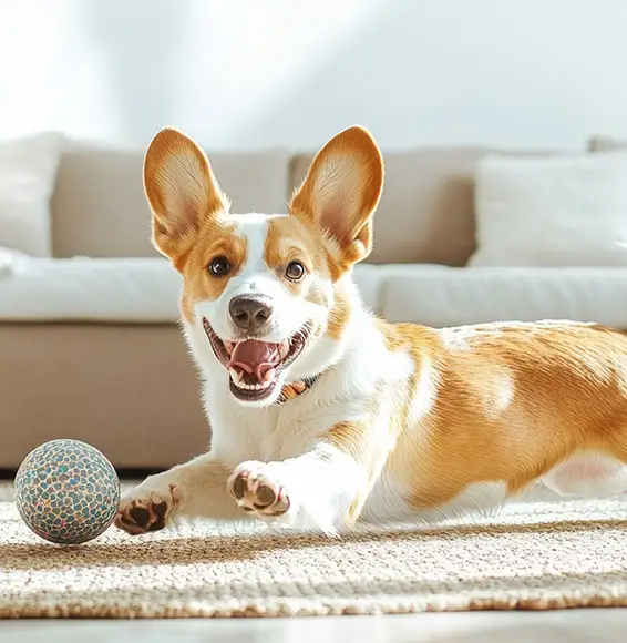 Ein kleiner Hund mit einem Ball sitzt vor einem Sofa