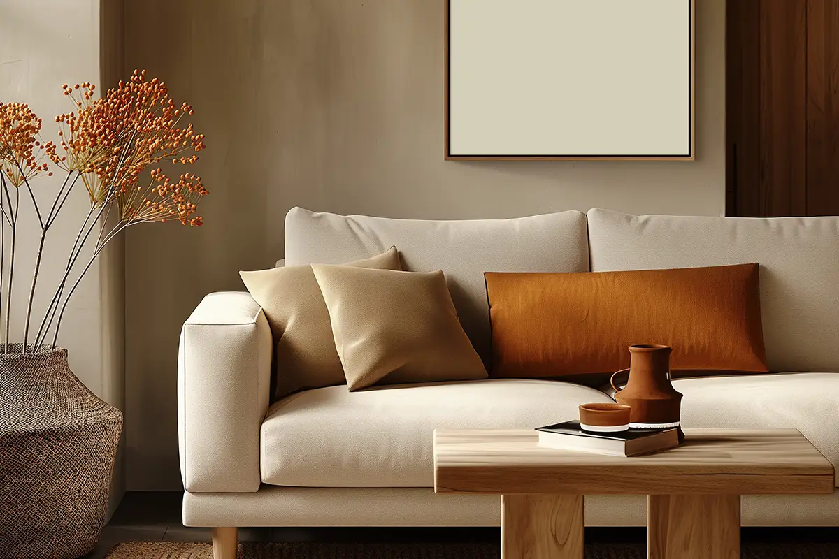 Eine elfenbeinfarbene Couch mit rötlichen und braunen Kissen steht vor einer beigen Wand mit Bildern und einem Bäumchen links daneben.