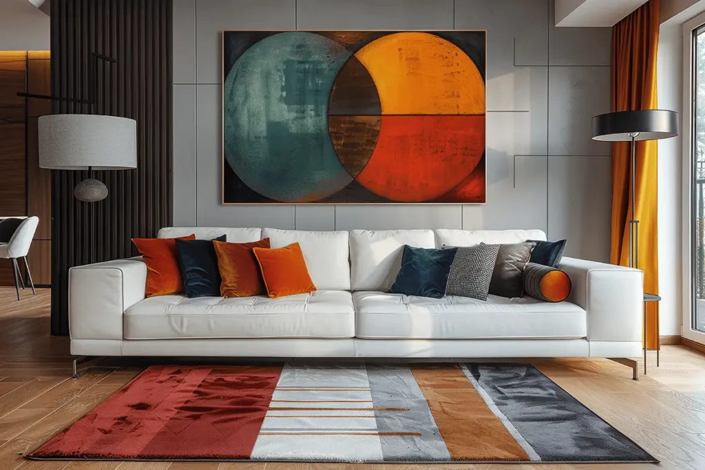 Eine weiße Couch mit vielen bunten Sofakissen steht vor einer hellgrauen Wand mit einem modernen Bild, davor ein Teppich mit Streifen