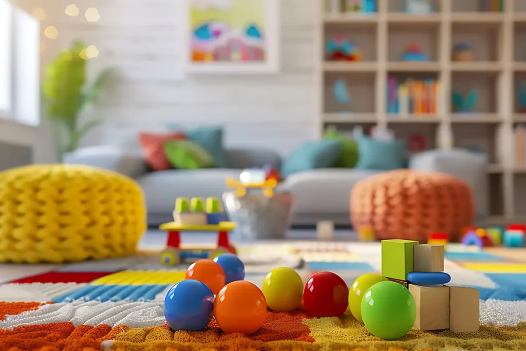 Buntes Kleinkinderspielzeug liegt auf einem Teppich vor einer grauen Couch