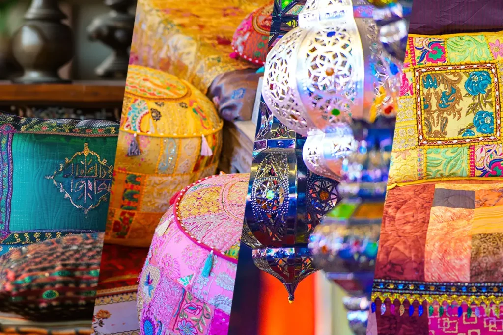Ein Mix aus Bildern verschiedener bunter Stoffe und Accessoires als Inspiration für orientalische Einrichtung