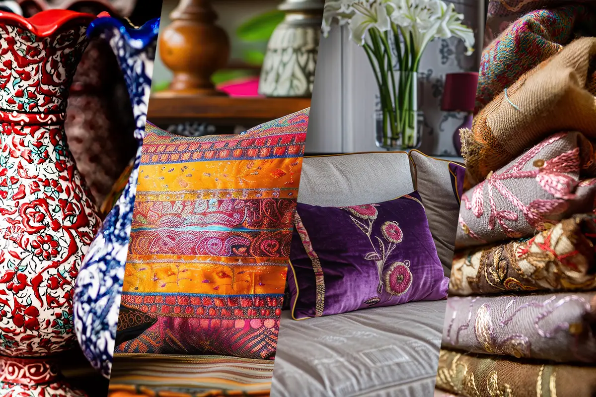Verschiedene orientalische Möbel, Stoffe und Accessoires