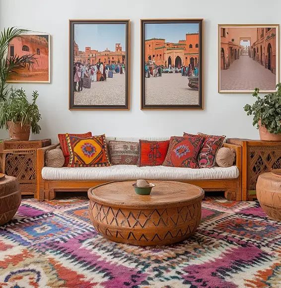 Orientalische Möbelstücke und Teppiche in einem hellen gemütlichen Zimmer