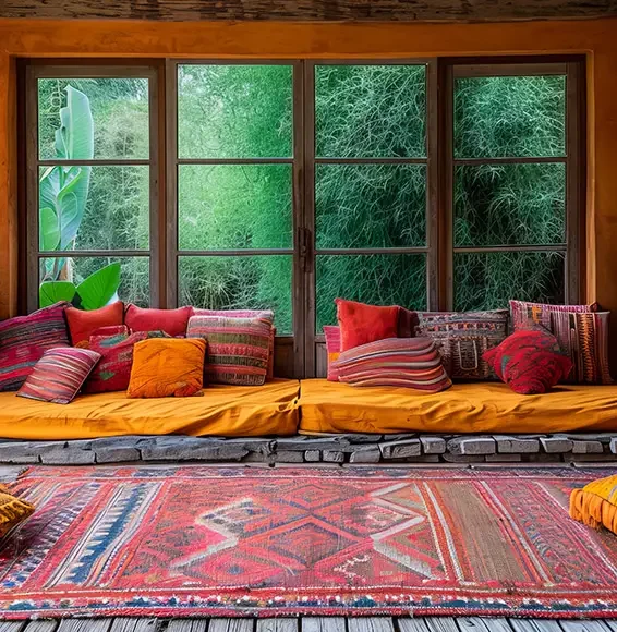 Möbel, Kisssen und Teppiche in bunten Farben in einem orientalische eingerichteten Zimmer