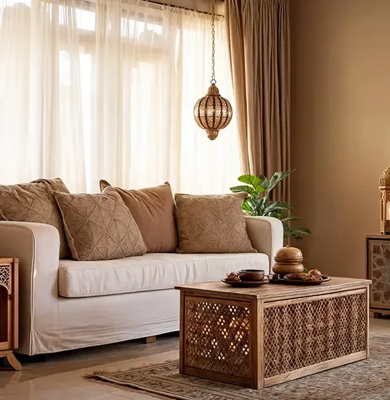 Orientalische Lampe und Tisch vor einem Sofa