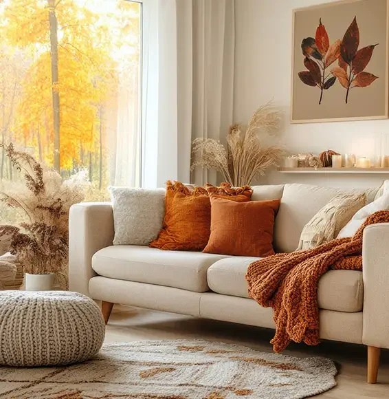 D-Lux Möbel – Textilien und Stoffe Modernes gemütliches Wohnzimmer in herbstlichen Beigetönen mit rotbraunen Akzenten in Form von Kissen, Decken und Bildern