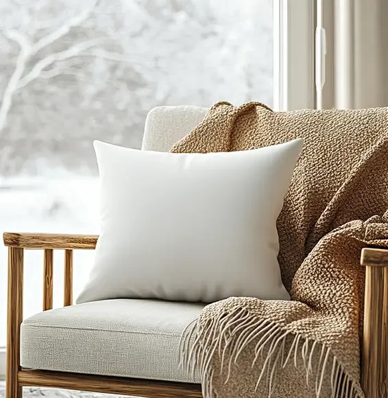 Ein Sessel mit weißen Baumwollbezug mit gemütlicher Decke und Kissen steht vor einem Fenster, dahinter verschneite Landschaft