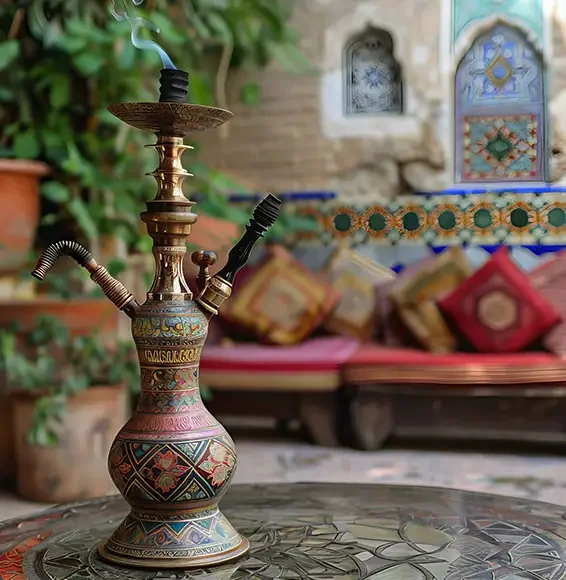 D-Lux Möbel – Ratgeber Orientalische Möbel Ein bunte Wasserpfeife schmückt einen Tisch vor reichen orientalischen Möbeln mit bunten Kissen und einer Wand mit Kacheln