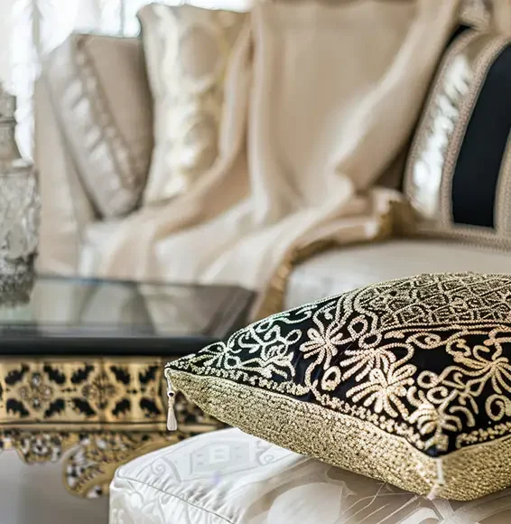 D-Lux Möbel – Ratgeber Orientalische Möbel Ein Samtkissen mit goldenen Ornament-Stickereien auf Möbeln mit Damaststoffen
